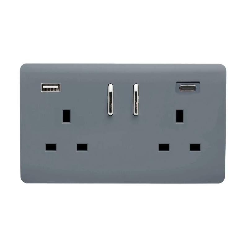 Trendi, Artistic Modern 2 Gang Switched Double Socket 13A With 1 x USB-A & 1 x USB-C 45W Warm Grey Finish, BRITISH MADE • ART-SKT213USB45WACWG