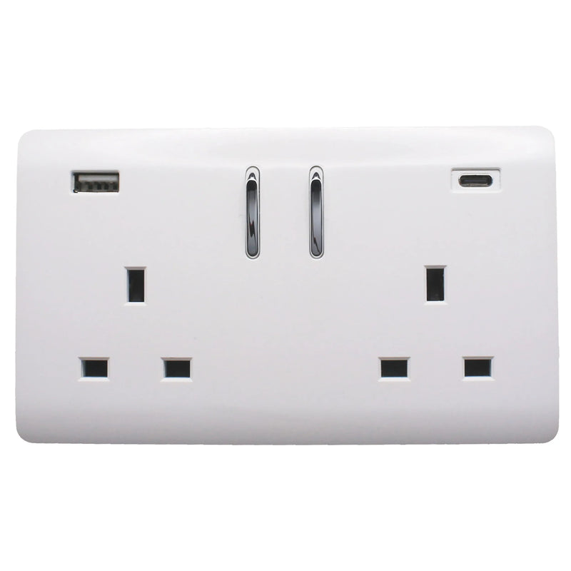 Trendi, Artistic Modern 2 Gang Switched Double Socket 13A With 1 x USB-A & 1 x USB-C 45W Ice White Finish, BRITISH MADE • ART-SKT213USB45WACWH