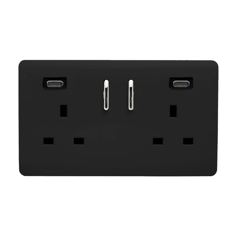 Trendi, Artistic Modern 2 Gang Switched Double Socket 13A With 2 x USB-C 24W Piano Black Finish, BRITISH MADE, 35mm Back Box Required • ART-SKT213USB48CCBK