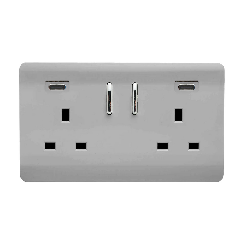 Trendi, Artistic Modern 2 Gang Switched Double Socket 13A With 2 x USB-C 45W  Brushed Steel Finish, BRITISH MADE, 35mm Back Box Required • ART-SKT213USB45WCCBK