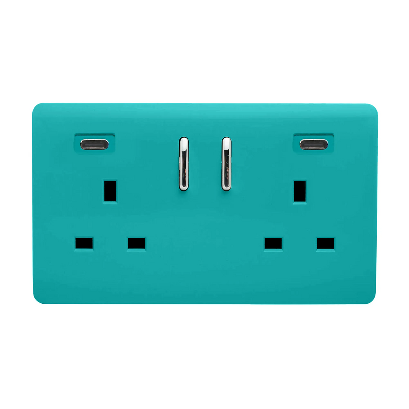 Trendi, Artistic Modern 2 Gang Switched Double Socket 13A With 2 x USB-C 24W Bright Teal Finish, BRITISH MADE, 35mm Back Box Required • ART-SKT213USB48CCBT