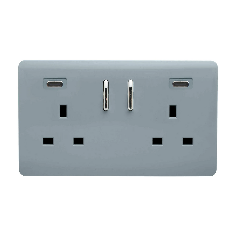Trendi, Artistic Modern 2 Gang Switched Double Socket 13A With 2 x USB-C 24W Cool Grey Finish, BRITISH MADE, 35mm Back Box Required • ART-SKT213USB48CCCG
