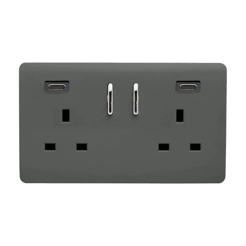 Trendi, Artistic Modern 2 Gang Switched Double Socket 13A With 2 x USB-C 65W  Charcoal Finish, BRITISH MADE, 35mm Back Box Required • ART-SKT213USB65WCCCH