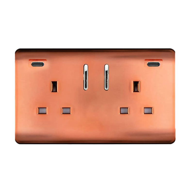 Trendi, Artistic Modern 2 Gang Switched Double Socket 13A With 2 x USB-C 65W Copper Finish, BRITISH MADE, 35mm Back Box Required • ART-SKT213USB65WCCCPR
