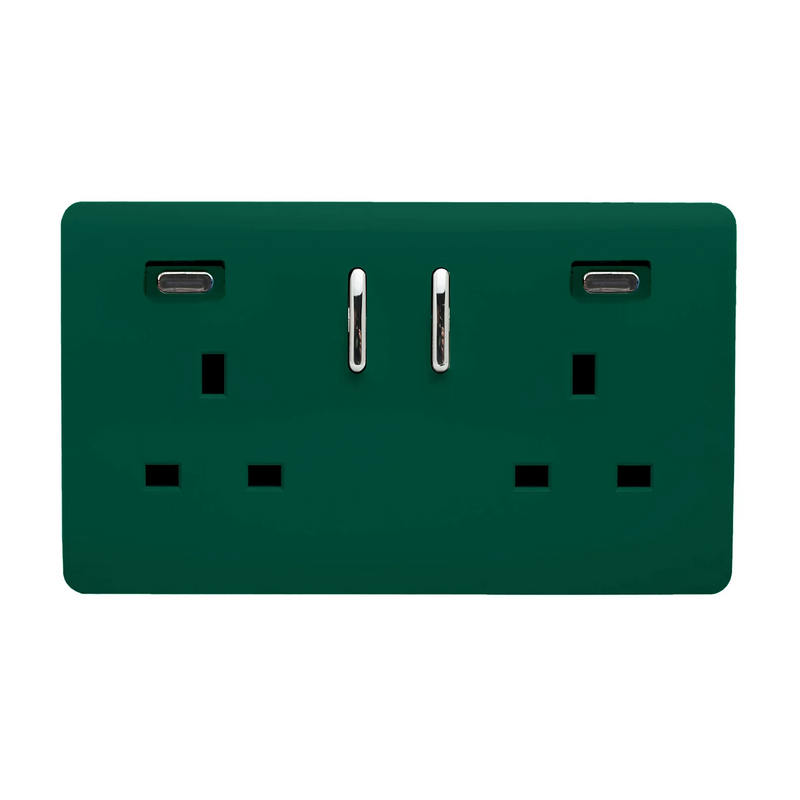 Trendi, Artistic Modern 2 Gang Switched Double Socket 13A With 2 x USB-C 45W Dark Green Finish, BRITISH MADE, 35mm Back Box Required • ART-SKT213USB45WCCDG