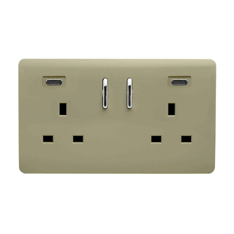 Trendi, Artistic Modern 2 Gang Switched Double Socket 13A With 2 x USB-C 45W Champagne Gold Finish, BRITISH MADE, 35mm Back Box Required • ART-SKT213USB45WCCGO