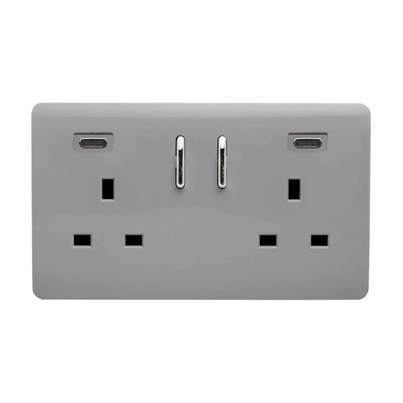 Trendi, Artistic Modern 2 Gang Switched Double Socket 13A With 2 x USB-C 65W Light Grey Finish, BRITISH MADE, 35mm Back Box Required • ART-SKT213USB65WCCLG
