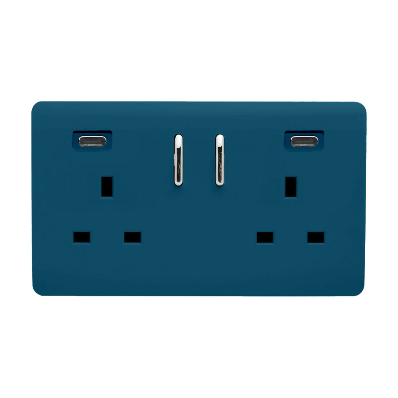 Trendi, Artistic Modern 2 Gang Switched Double Socket 13A With 2 x USB-C 24W Midnight Blue Finish, BRITISH MADE, 35mm Back Box Required • ART-SKT213USB48CCMD