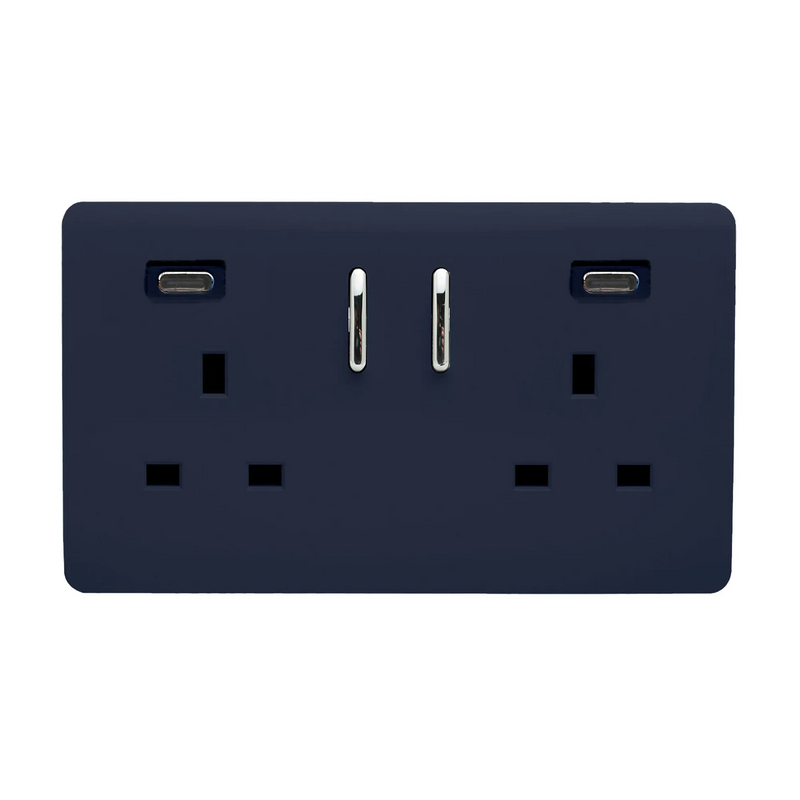 Trendi, Artistic Modern 2 Gang Switched Double Socket 13A With 2 x USB-C 65W Navy Finish, BRITISH MADE, 35mm Back Box Required • ART-SKT213USB65WCCNV