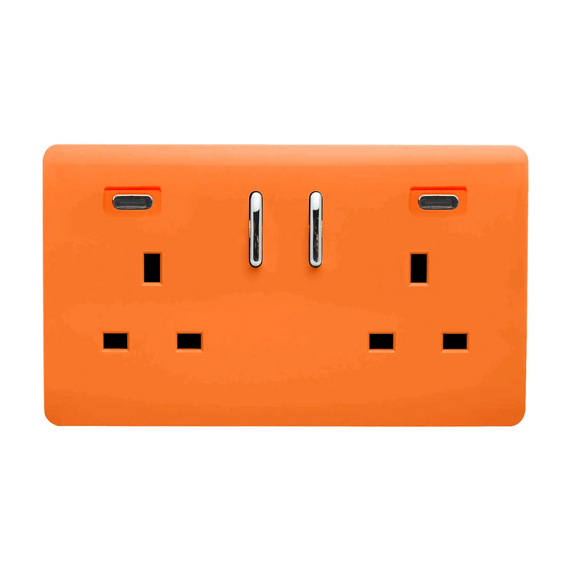 Trendi, Artistic Modern 2 Gang Switched Double Socket 13A With 2 x USB-C 45W Orange Finish, BRITISH MADE, 35mm Back Box Required • ART-SKT213USB45WCCOR