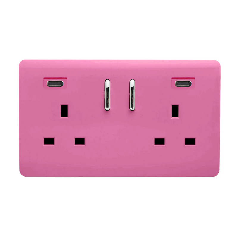 Trendi, Artistic Modern 2 Gang Switched Double Socket 13A With 2 x USB-C 65W Pink Finish, BRITISH MADE, 35mm Back Box Required • ART-SKT213USB65WCCPK
