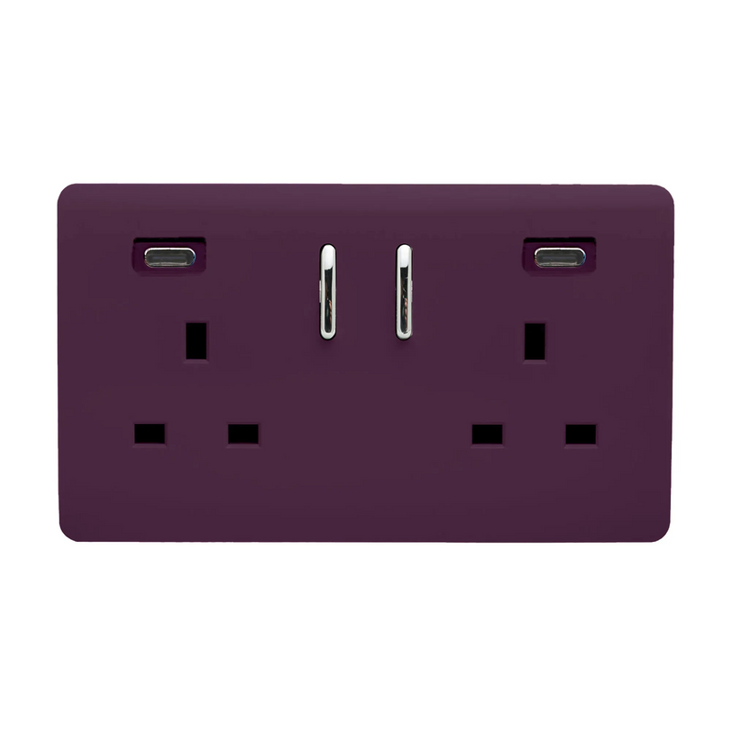 Trendi, Artistic Modern 2 Gang Switched Double Socket 13A With 2 x USB-C 45W Plum Finish, BRITISH MADE, 35mm Back Box Required • ART-SKT213USB45WCCPL