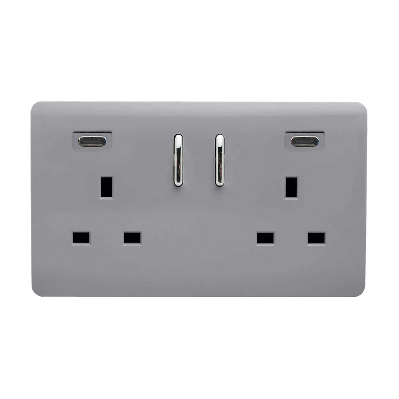 Trendi, Artistic Modern 2 Gang Switched Double Socket 13A With 2 x USB-C 24W Platinum Silver Finish, BRITISH MADE, 35mm Back Box Required • ART-SKT213USB48CCSI