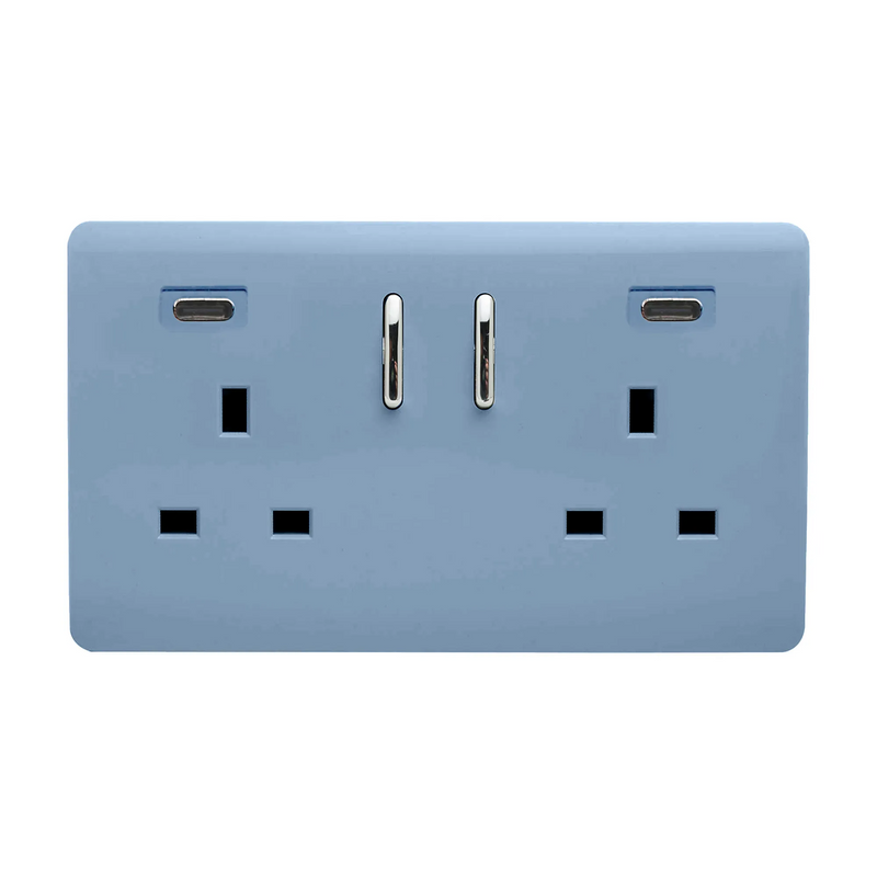 Trendi, Artistic Modern 2 Gang Switched Double Socket 13A With 2 x USB-C 24W Sky Blue Finish, BRITISH MADE, 35mm Back Box Required • ART-SKT213USB48CCSK