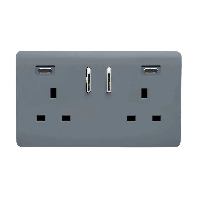 Trendi, Artistic Modern 2 Gang Switched Double Socket 13A With 2 x USB-C 24W Warm Grey Finish, BRITISH MADE, 35mm Back Box Required • ART-SKT213USB48CCWG
