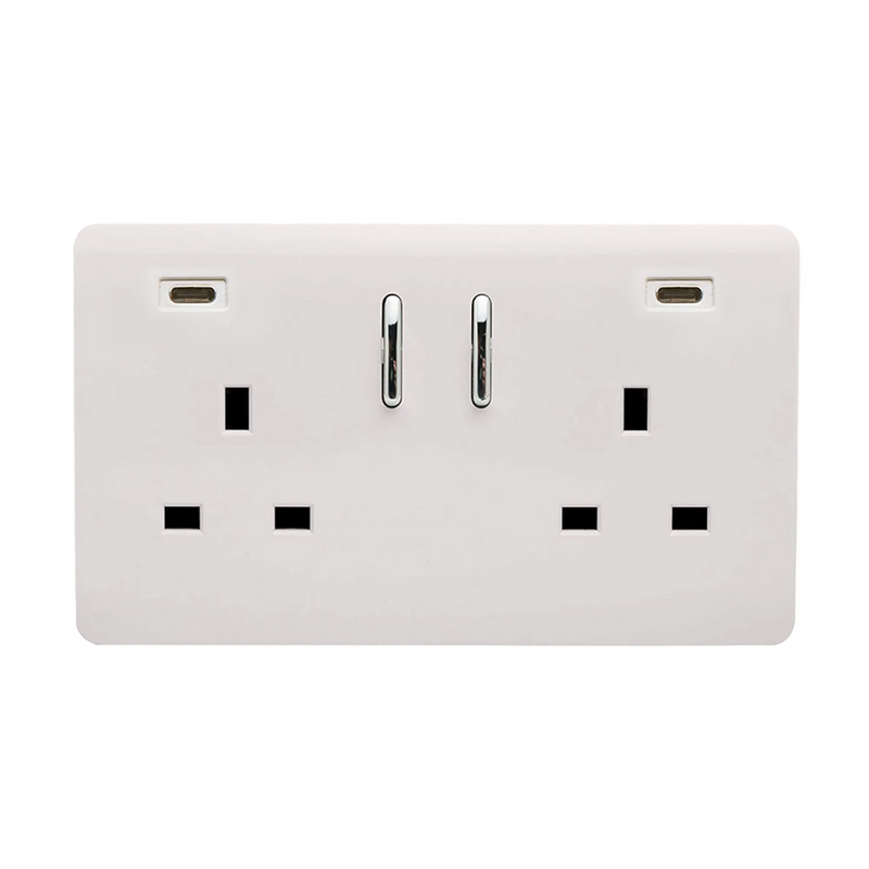 Trendi, Artistic Modern 2 Gang Switched Double Socket 13A With 2 x USB-C 24W Ice White Finish, BRITISH MADE, 35mm Back Box Required • ART-SKT213USB48CCWH