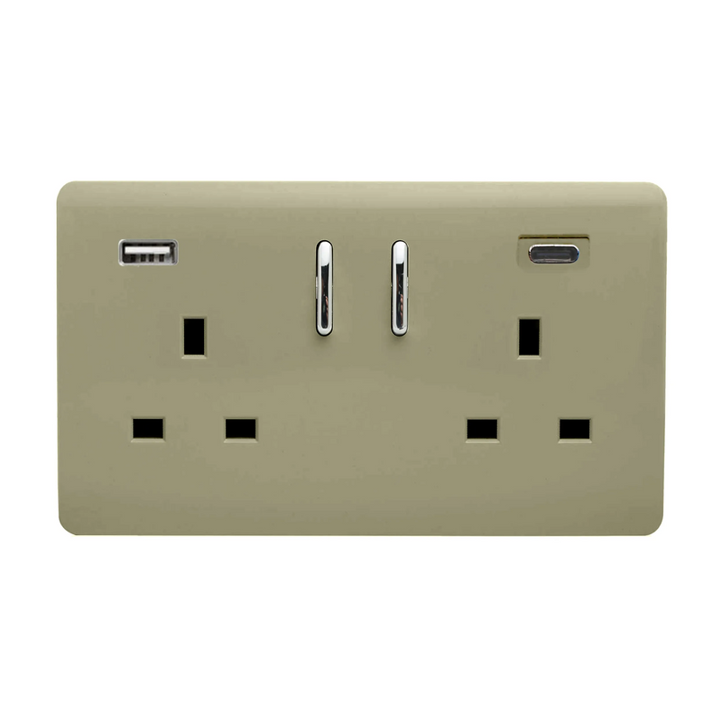 Trendi, Artistic Modern 2 Gang USB 1 x Type A & 1 x Type C 65W Plug Socket Champagne Gold Finish, BRITISH MADE, 35mm Back Box Required • ART-SKT213USB65WACGO