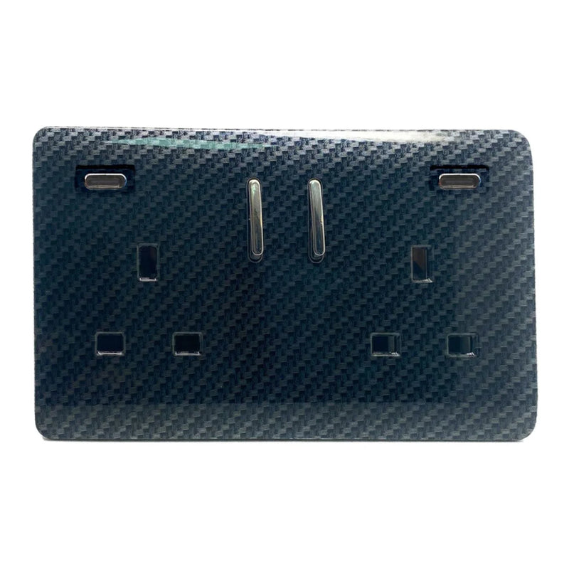 Trendi, Artistic Modern 2 Gang Switched Double Socket 13A With 2 x USB-C 65W Carbon Fibre Finish, BRITISH MADE, 35mm Back Box Required • ART-SKT213USB65WCCCF