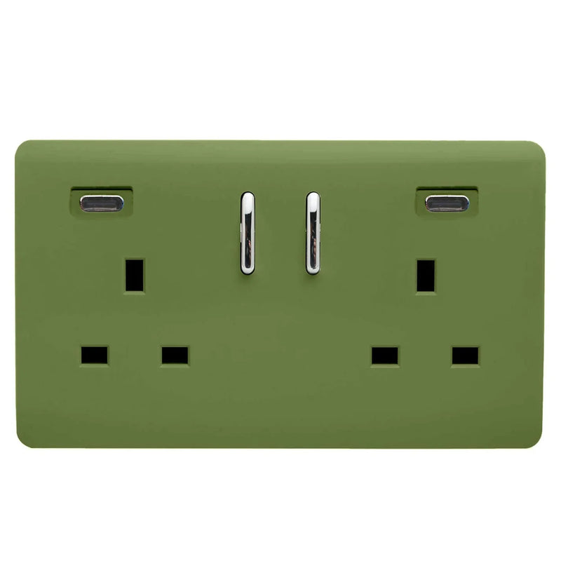 Trendi, Artistic Modern 2 Gang Switched Double Socket 13A With 2 x USB-C 24W  Moss Green Finish, BRITISH MADE, 35mm Back Box Required • ART-SKT213USB48CCMG