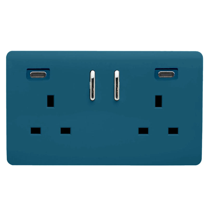 Trendi, Artistic Modern 2 Gang Switched Double Socket 13A With 2 x USB-C 24W Ocean Blue Finish, BRITISH MADE, 35mm Back Box Required • ART-SKT213USB48CCOB