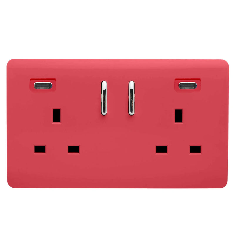 Trendi, Artistic Modern 2 Gang Switched Double Socket 13A With 2 x USB-C 45W Strawberry Finish, BRITISH MADE, 35mm Back Box Required • ART-SKT213USB45WCCSB
