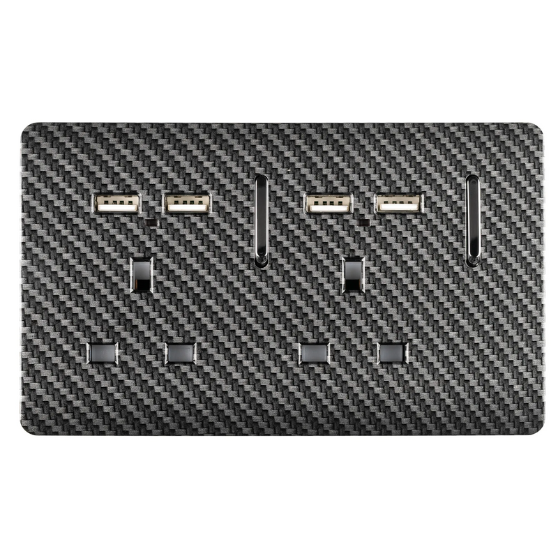 Trendi, Artistic Modern 2 Gang 13Amp Switched Double Socket With 4 x USB-A 10W Carbon Fibre Finish, BRITISH MADE, (45mm Back Box Required), 5yrs Warranty • ART-SKT213USBCF