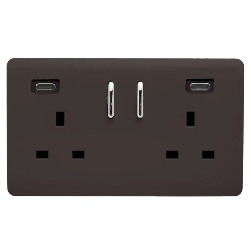 Trendi, Artistic Modern 2 Gang Switched Double Socket 13A With 2 x USB-C 24W Dark Brown Finish, BRITISH MADE, 35mm Back Box Required • ART-SKT213USB48CCDB