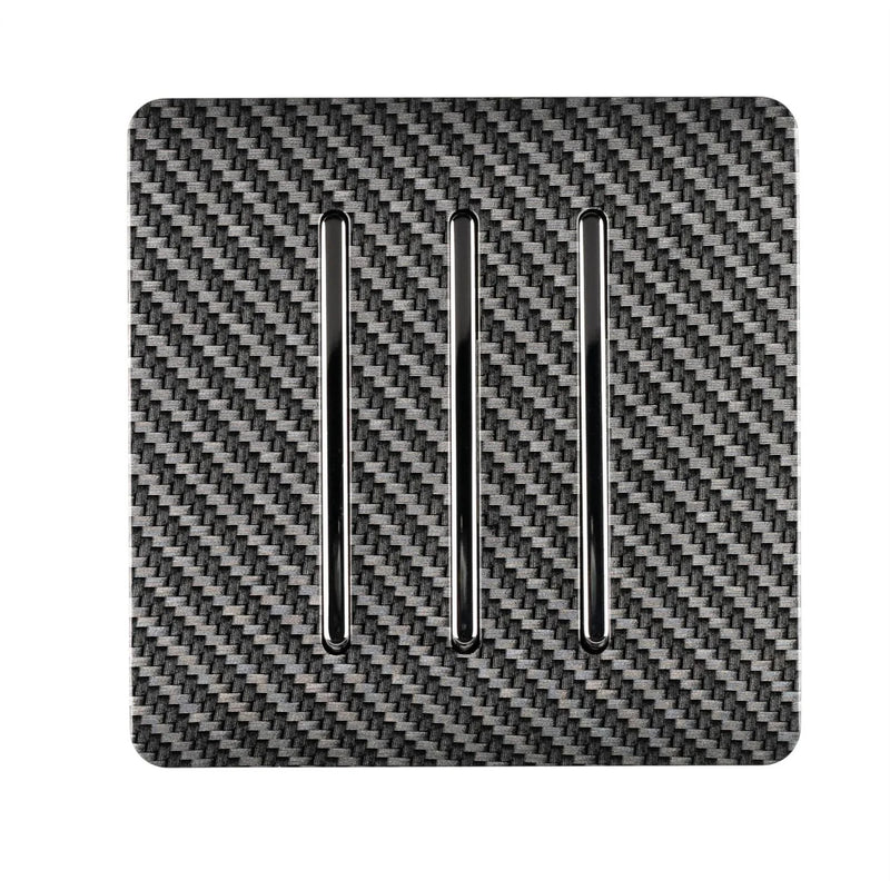 Trendi, Artistic Modern 3 Gang 2 Way 10 Amp Rocker Carbon Fibre Finish, BRITISH MADE, (25mm Back Box Required), 10yrs Warranty • ART-SS6CF