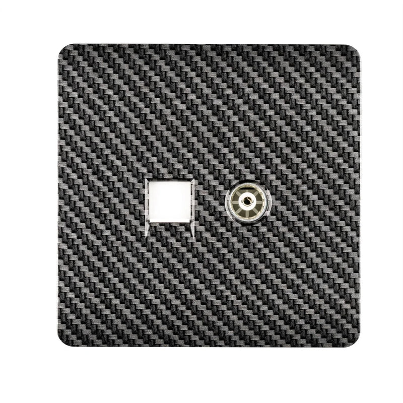 Trendi, Artistic Modern TV Co-Axial & RJ11 Telephone Carbon Fibre Finish, BRITISH MADE, (35mm Back Box Required), 5yrs Warranty • ART-TLP+TVCF