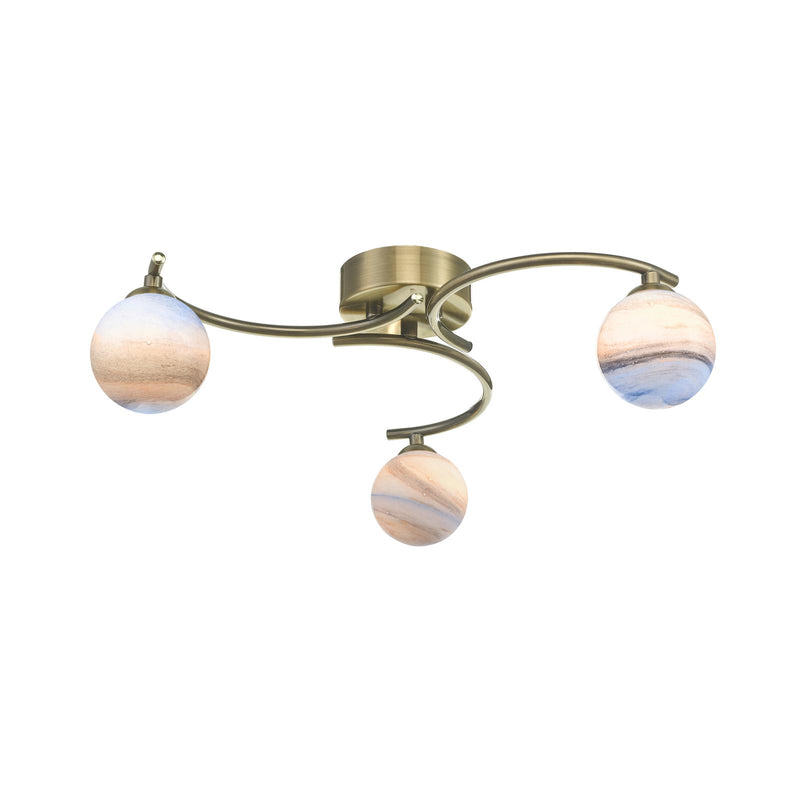 Dar Lighting Atiya 3 Light Semi Flush Antique Brass With Planet Style Glass • ATI5375-07