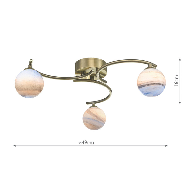Dar Lighting Atiya 3 Light Semi Flush Antique Brass With Planet Style Glass • ATI5375-07