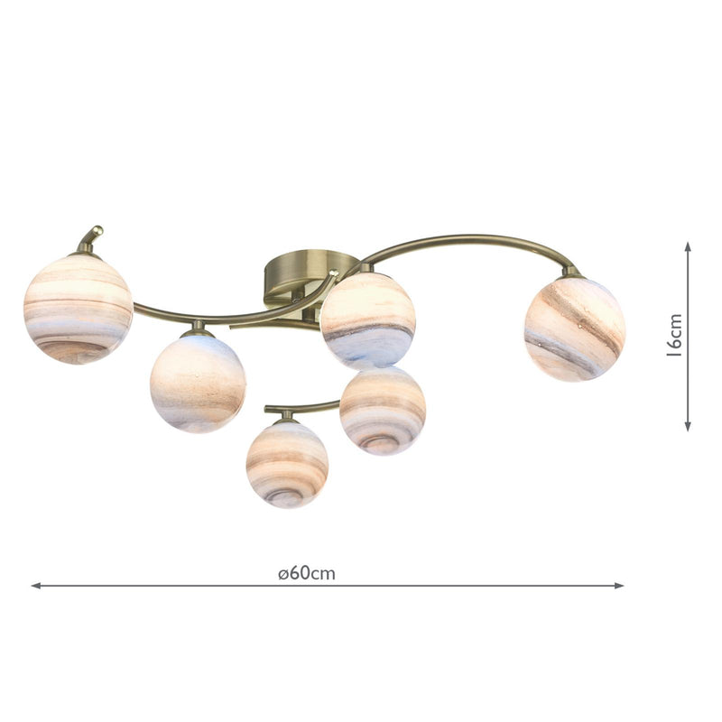 Dar Lighting Atiya 6 Light Semi Flush Antique Brass With Planet Art Glass • ATI6475-07