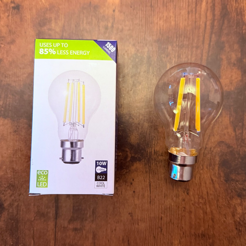 Searchlight Classic LED GLS B22 Dimmable 10W = 100w 4000K Cool White, 1500lm, Clear Finish • L5905-10CW