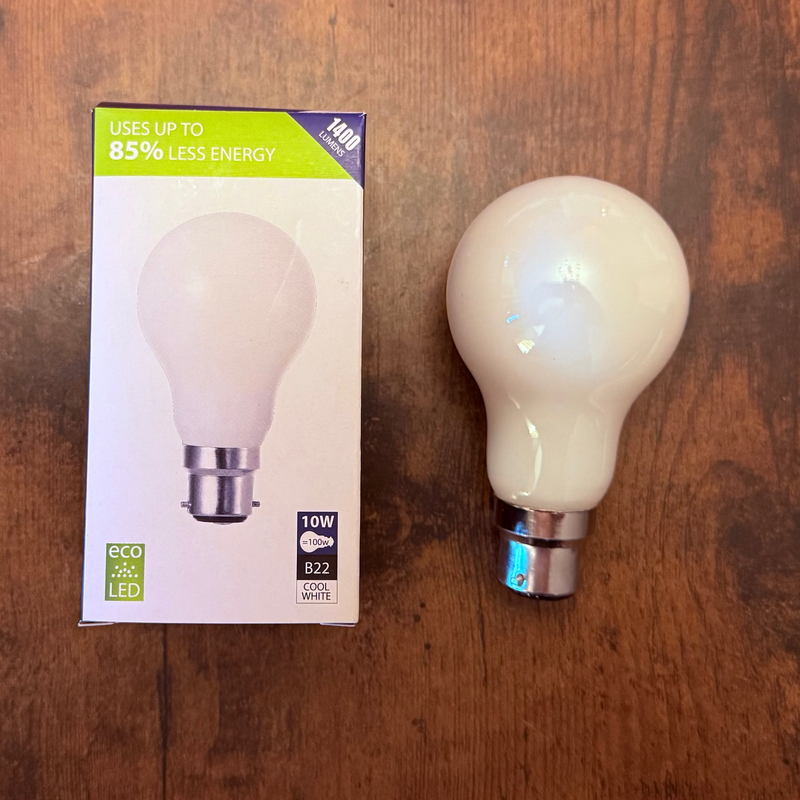 Searchlight Classic LED GLS B22 Dimmable 10W = 100w 4000K Warm White, 1400lm, Opal Finish • L6905-10CW