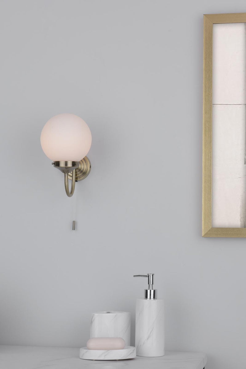 Dar Lighting Barclay Bathroom Wall Light Antique Brass Opal Glass IP44 • BAR0775