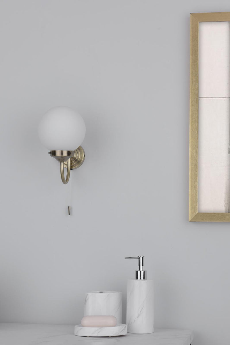 Dar Lighting Barclay Bathroom Wall Light Antique Brass Opal Glass IP44 • BAR0775