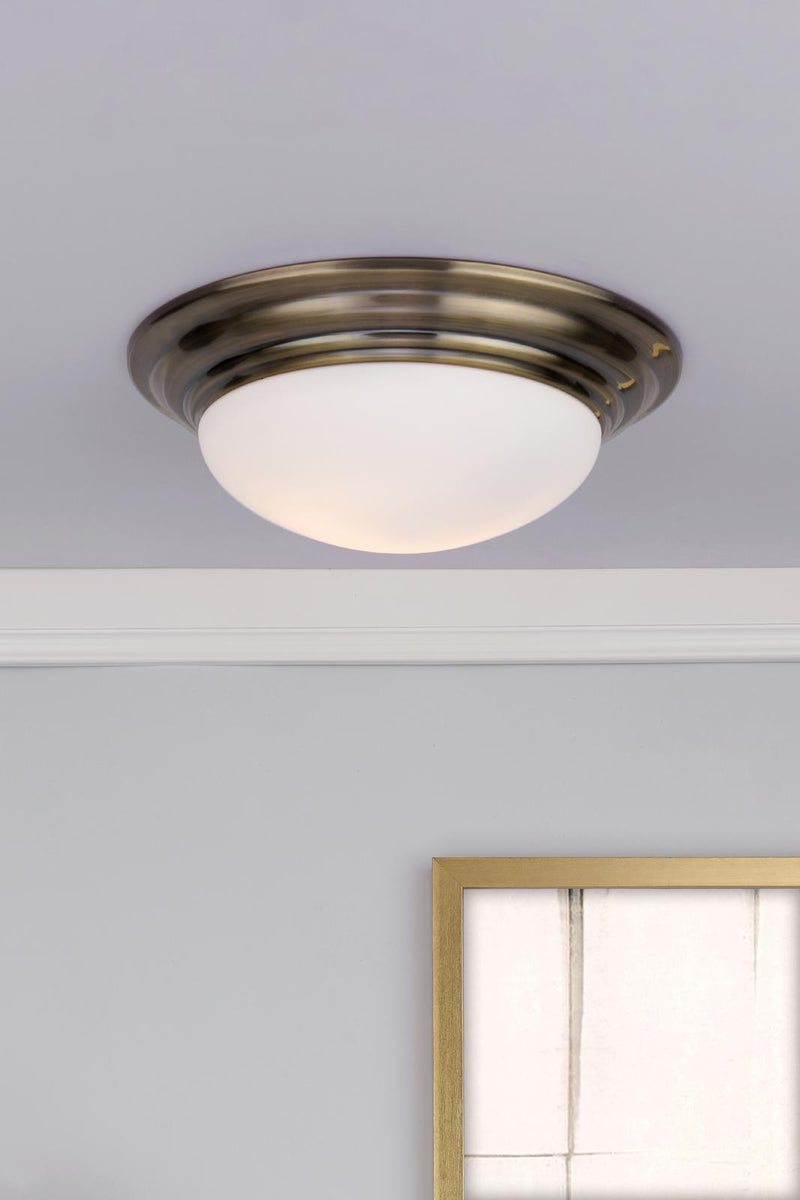 Dar Lighting Barclay Large Bathroom Flush Antique Brass Opal Glass IP44 • BAR5075