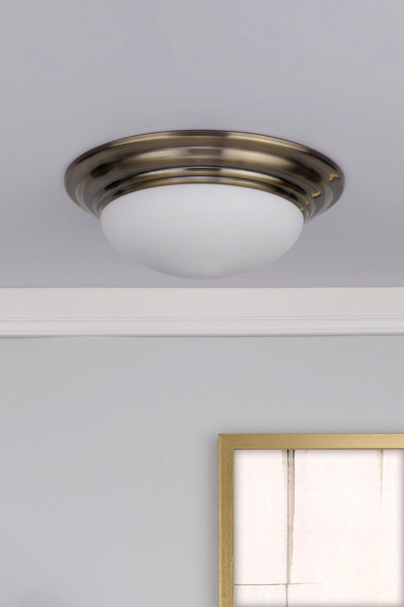 Dar Lighting Barclay Large Bathroom Flush Antique Brass Opal Glass IP44 • BAR5075