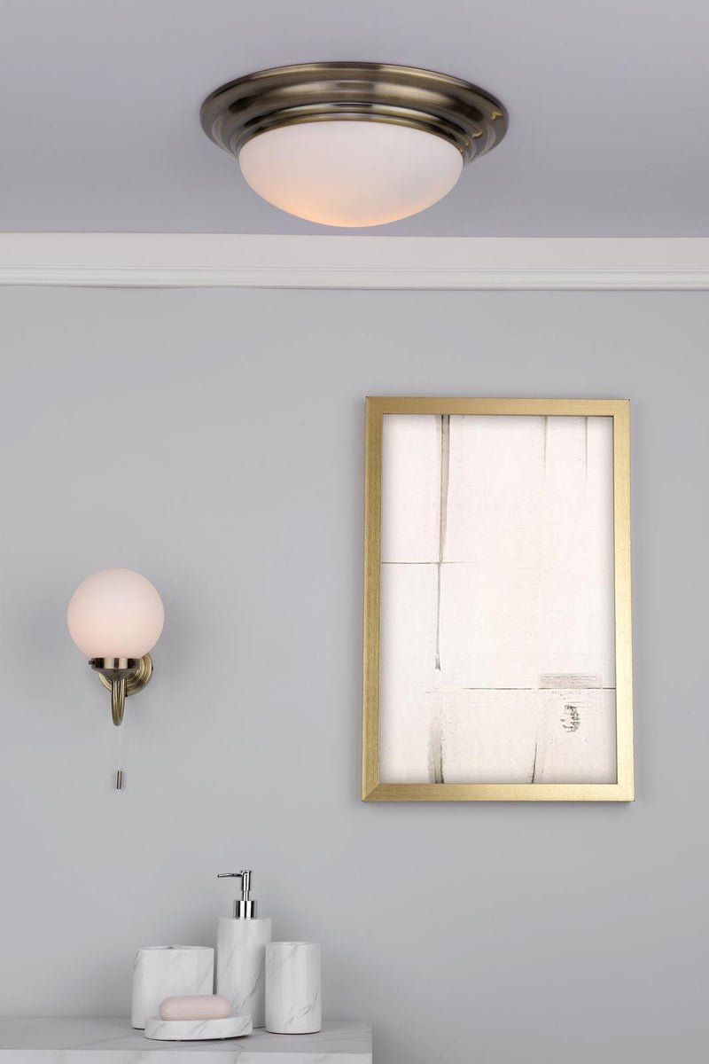 Dar Lighting Barclay Large Bathroom Flush Antique Brass Opal Glass IP44 • BAR5075