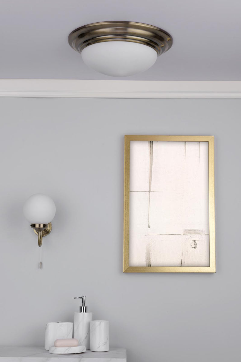 Dar Lighting Barclay Large Bathroom Flush Antique Brass Opal Glass IP44 • BAR5075