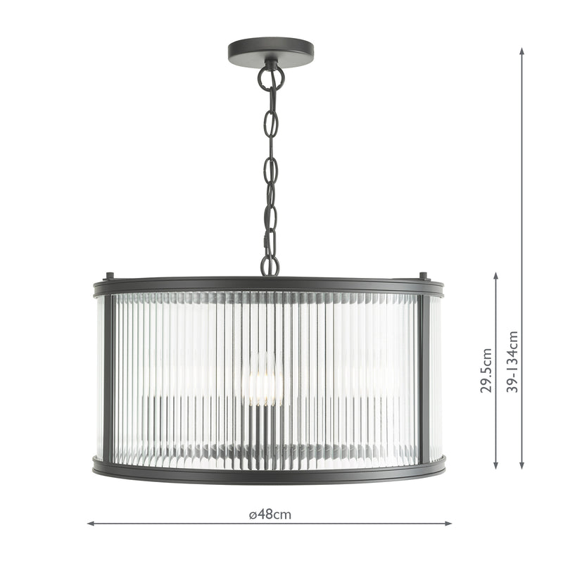 Dar Lighting Bianka 3 Light Pendant Matt Black and Ribbed Glass • BIA0322