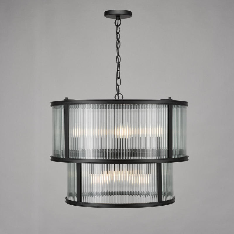 Dar Lighting Bianka 6 Light Pendant Matt Black and Ribbed Glass • BIA0622
