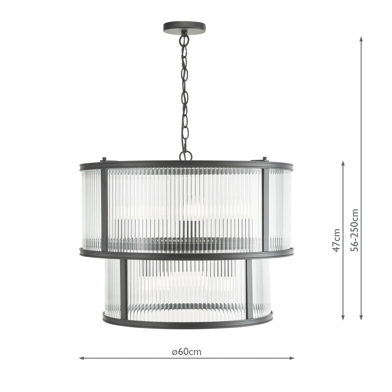 Dar Lighting Bianka 6 Light Pendant Matt Black and Ribbed Glass • BIA0622