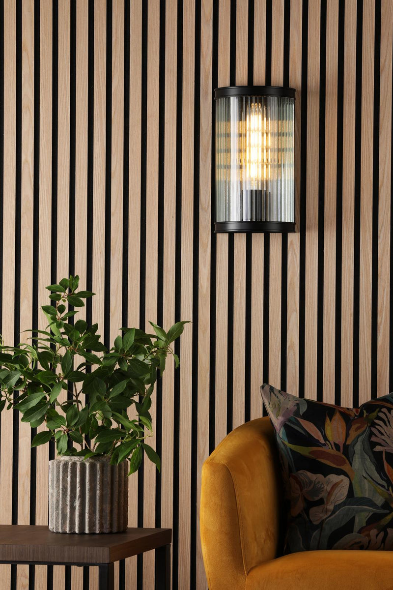 Dar Lighting Bianka Wall Light Matt Black and Ribbed Glass • BIA0722