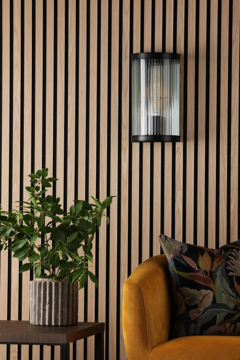 Dar Lighting Bianka Wall Light Matt Black and Ribbed Glass • BIA0722