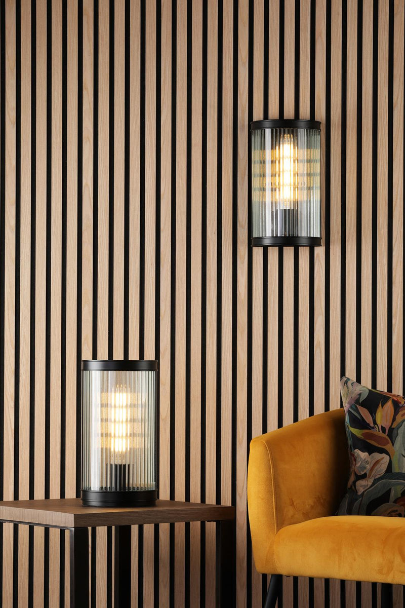 Dar Lighting Bianka Wall Light Matt Black and Ribbed Glass • BIA0722