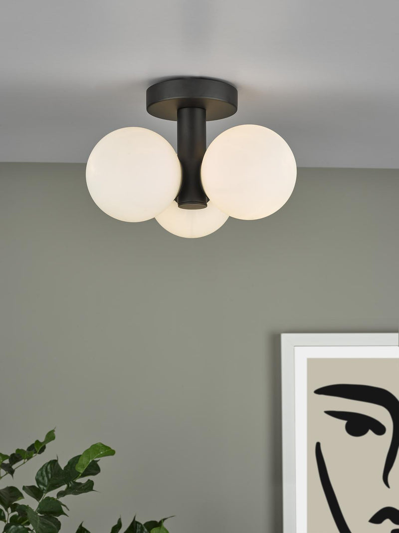 Dar Lighting Blake Bathroom 3 Light Semi Flush Matt Black Opal Glass • BLA5322