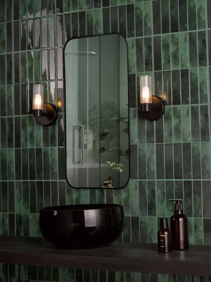 Dar Lighting Bolton Bathroom Wall Light Matt Black and Ribbed Glass IP44 • BOL0722
