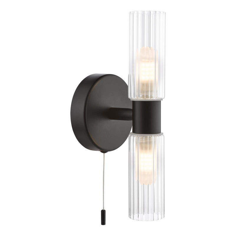 Dar Lighting Bolton 2 Light Bathroom Wall Light Matt Black and Ribbed Glass IP44 • BOL0922