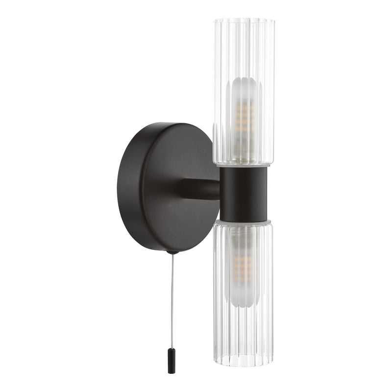 Dar Lighting Bolton 2 Light Bathroom Wall Light Matt Black and Ribbed Glass IP44 • BOL0922